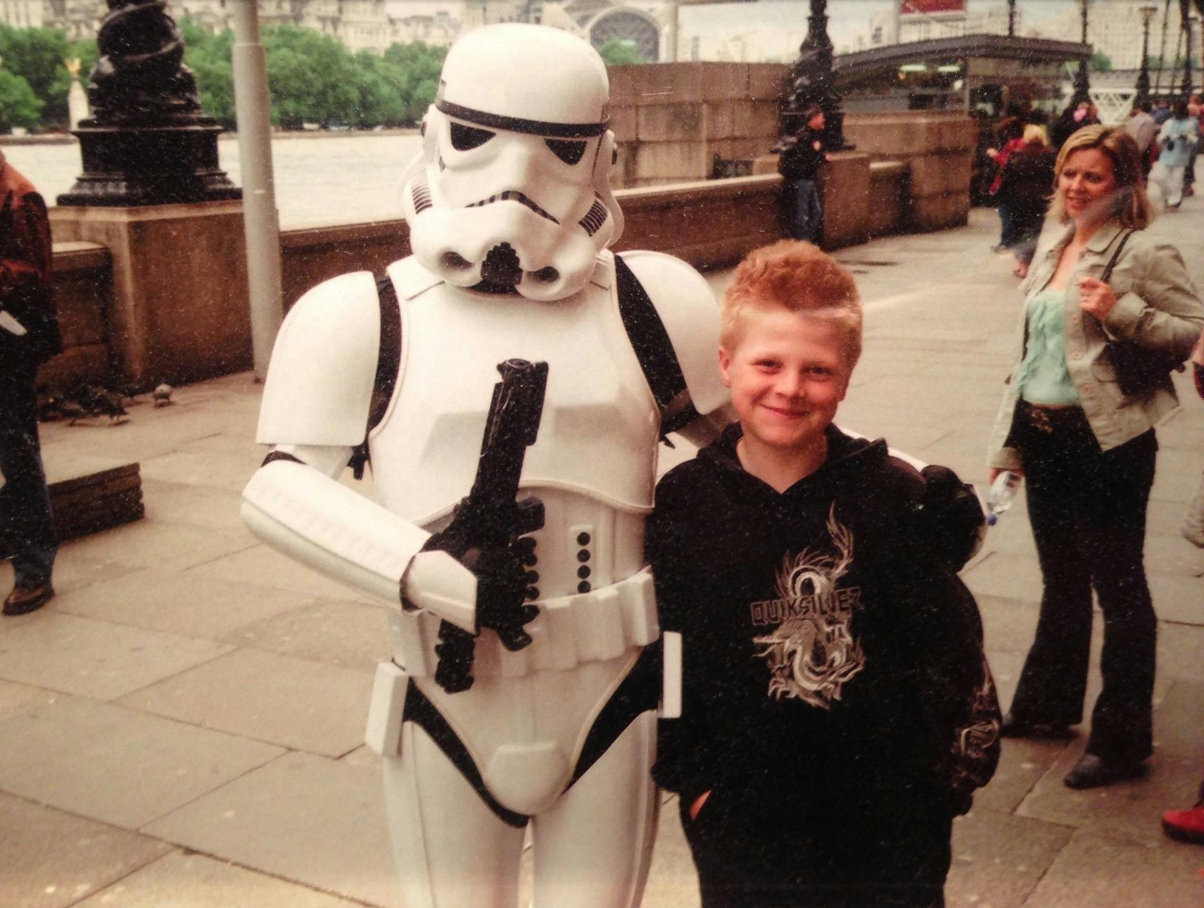 Max with a stormtrooper in London, England